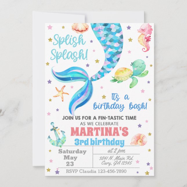 Invitación Mermaid birthday invitation, sea turtle Einladung (Vorderseite)