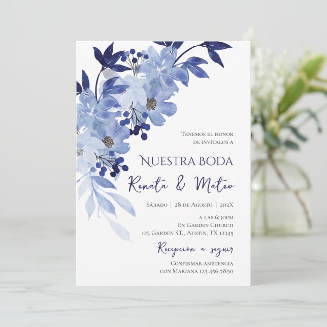 Invitación Navy Blue Spanish Wedding Invitation Einladung (Stehend Vorderseite)