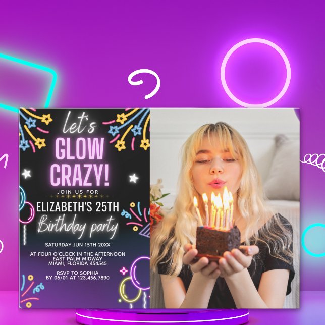Invitación Neon Glow - Birthday Party with Photo Einladung (Von Creator hochgeladen)