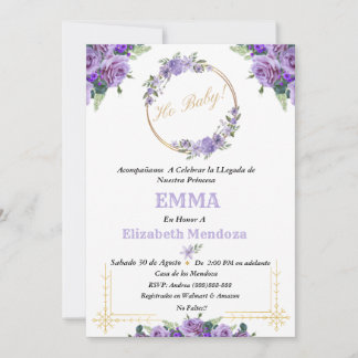 invitacion para Baby Shower con Flores purpura Einladung