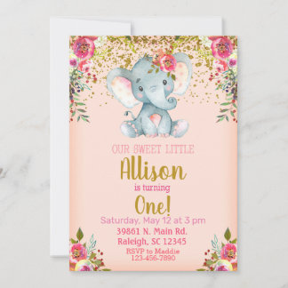 Invitación Pink elephant and flowers girl birthday Einladung