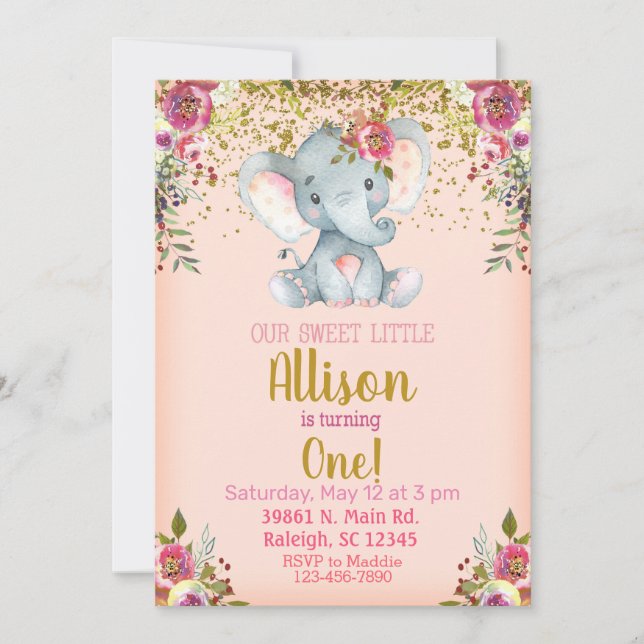 Invitación Pink elephant and flowers girl birthday Einladung (Vorderseite)