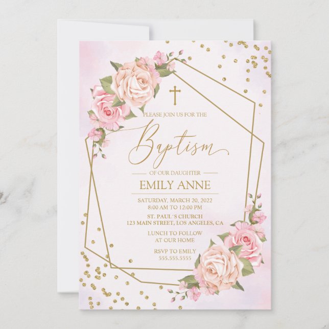 Invitación Pink Floral Baptism Invitation Einladung (Vorderseite)