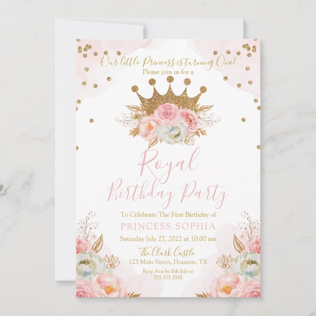 Invitación Princess Floral Pink & Gold Geburtstag  Einladung (Vorderseite)