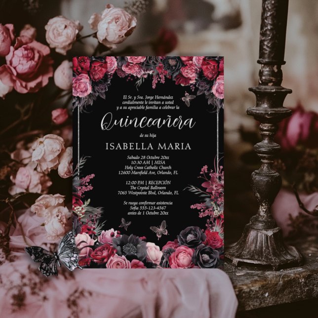 Invitación Quinceañera floral gótica rosada, roja Einladung (Gothic quinceanera invitation in Spanish with red, pink and black moody florals.)