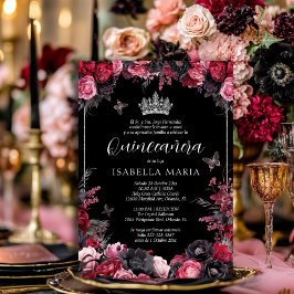 Invitación Quinceañera floral gótica rosada, roja Einladung