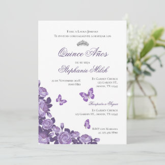 Invitación Spanish Quinceanera purple floral invit Einladung