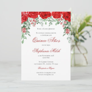 Invitación Spanish Quinceanera red floral invite Einladung
