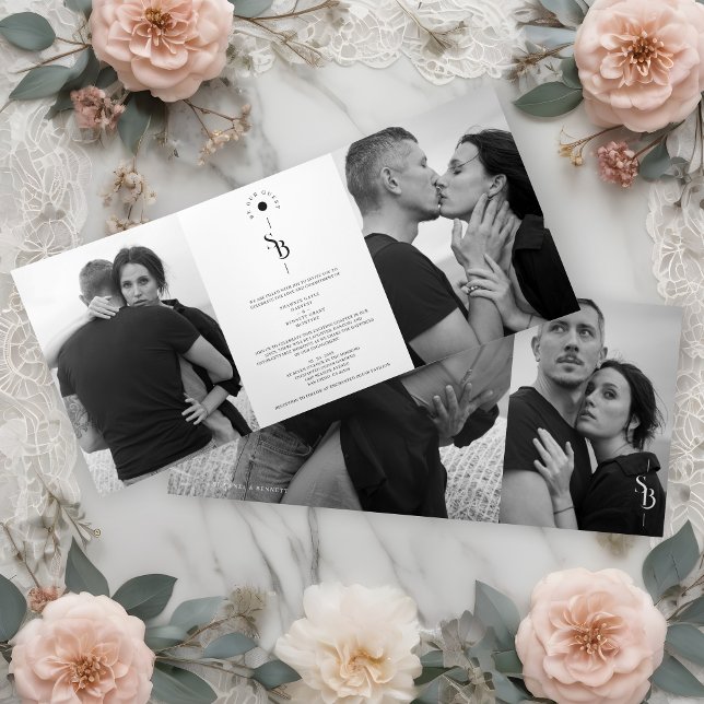 Invitación Tríptica Exquisite Minimalist Black Whi Dreifach Gefaltete Einladung (Exquisite Chic Minimalist Black & White Wedding Initials 4 Photos Invitation Tri-Fold Card.)