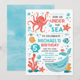 Invitación Under the Sea blue and coral birthday i Einladung