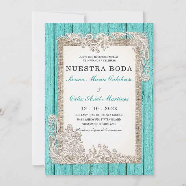 Invitaciones de Boda Rústicas Turquesa Einladung (Vorderseite)