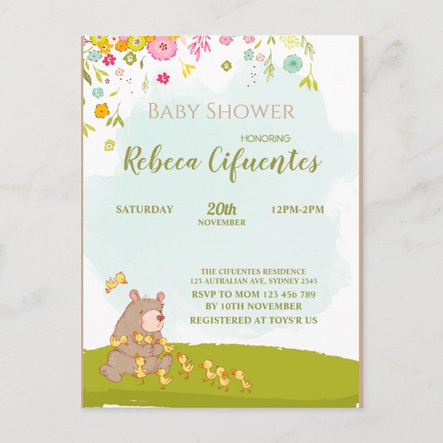 Invitation Baby Shower Bear and duckies Postkarte (Vorderseite)