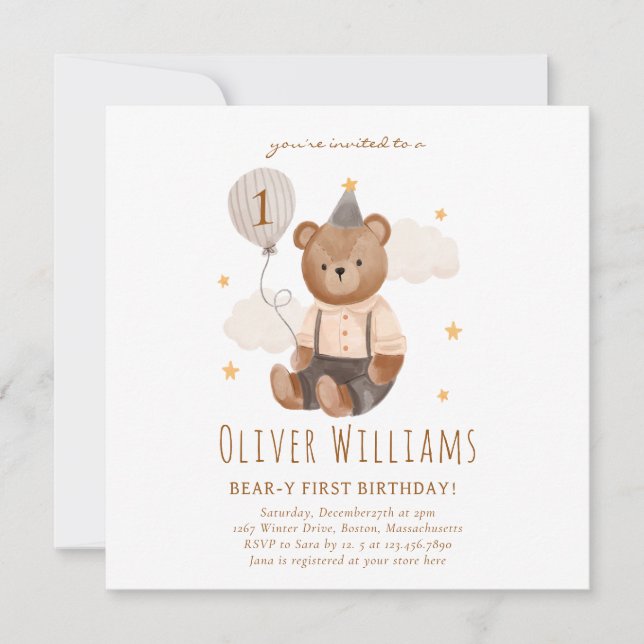 Invitation bear 1st birthday blue balloon (Vorderseite)