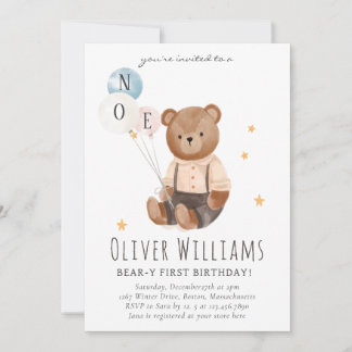 Invitation bear 1st birthday blue balloon einladung