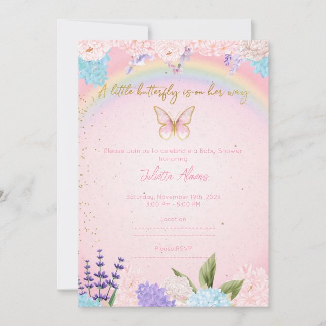 Invitation Butterflies Rainbow Flowers pink gold Einladung (Vorderseite)