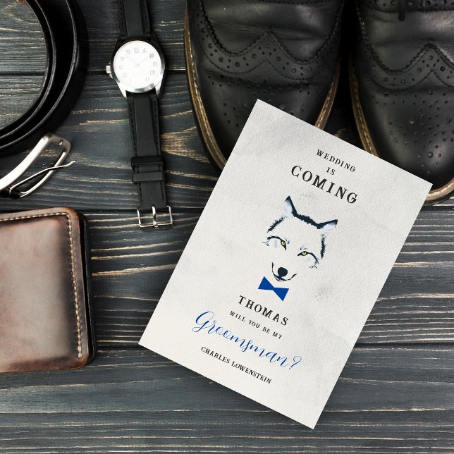 Invitation Einladung (Grey Shades Groomsman Proposal Card with Blue Bow Tie Featuring Wedding Wolf Design.)