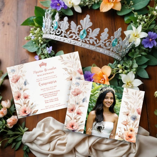 Invitation Einladung (Cherish Sweet Floral Garlands Spanish Photo Mis XV Invitations Cards.)