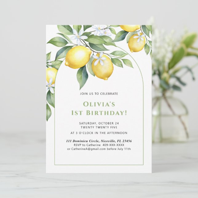 Invitation Lemon citrus 1st birthday. Einladung (Stehend Vorderseite)