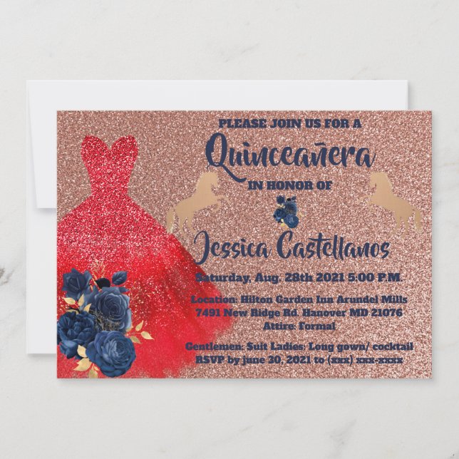 Invitation Red Gold Sparkle Dress Quinceañera Dankeskarte (Vorderseite)