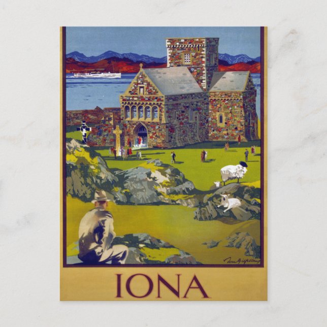 Iona Scotland Vintage Travel Poster restauriert Postkarte (Vorderseite)