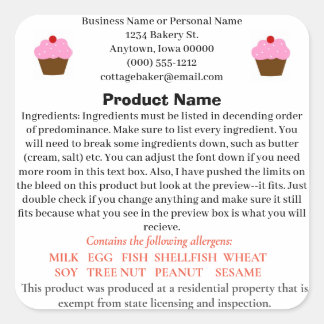 Iowa Hütte Food Law Label für Zuhause-Bäckerei Quadratischer Aufkleber