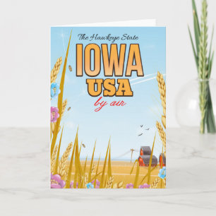Iowa USA "Der Hawkeye-Staat" Cartoon-Reiseplakat. Feiertagskarte