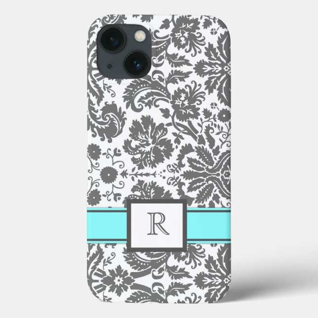 iPad Custom Monogram Gray Aqua Floral Damask Case-Mate iPhone Hülle (Rückseite)