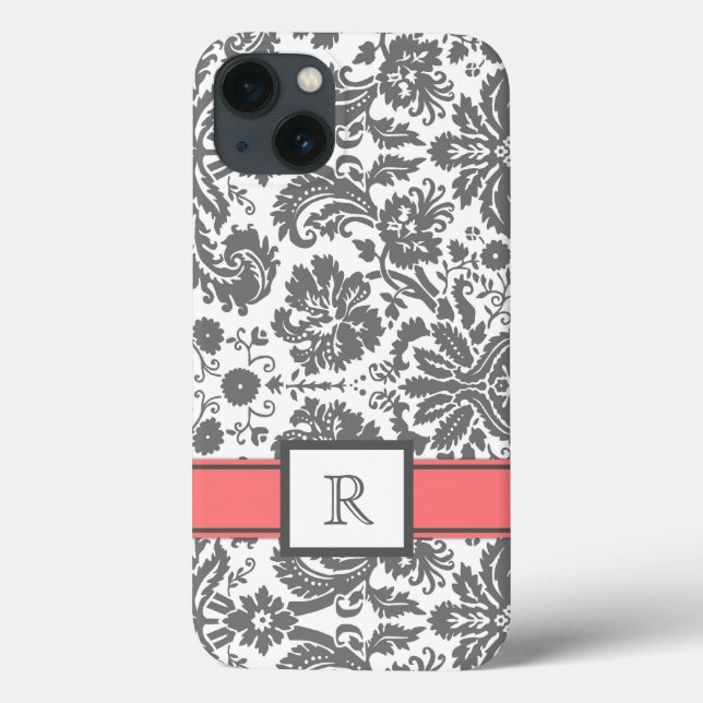 iPad Custom Monogram Gray Coral Floral Damask Case-Mate iPhone Hülle (Rückseite)