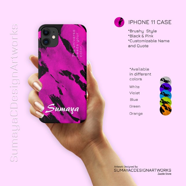 iPhone 11 Case Brushy Black & Pink | Anpassbar (iPhone 11 Case Brushy Black & Pink | Customizable Name and Quote.)