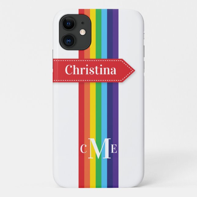 iPhone 11 Hülle | Regenbogen Streifen mit Monogram (Rückseite)