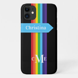 iPhone 11 Hülle | Regenbogen Streifen mit Monogram
