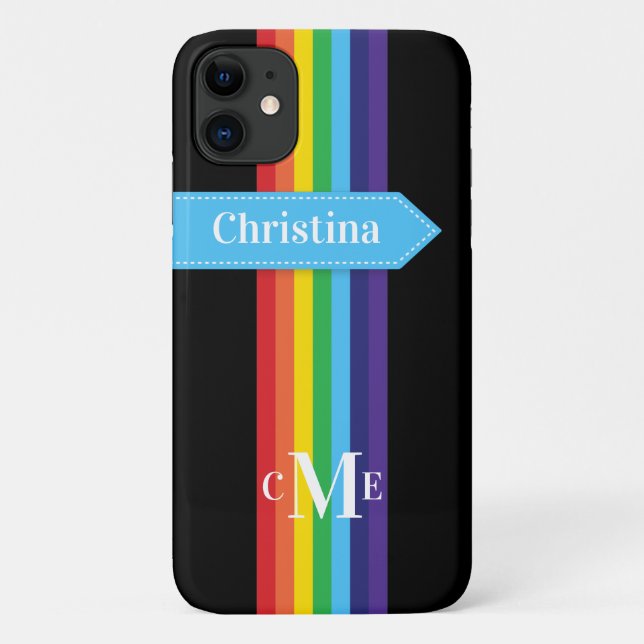 iPhone 11 Hülle | Regenbogen Streifen mit Monogram (Rückseite)