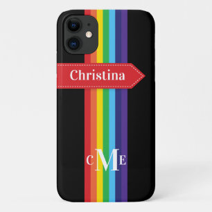 iPhone 11 Hülle   Regenbogen Streifen mit Monogram