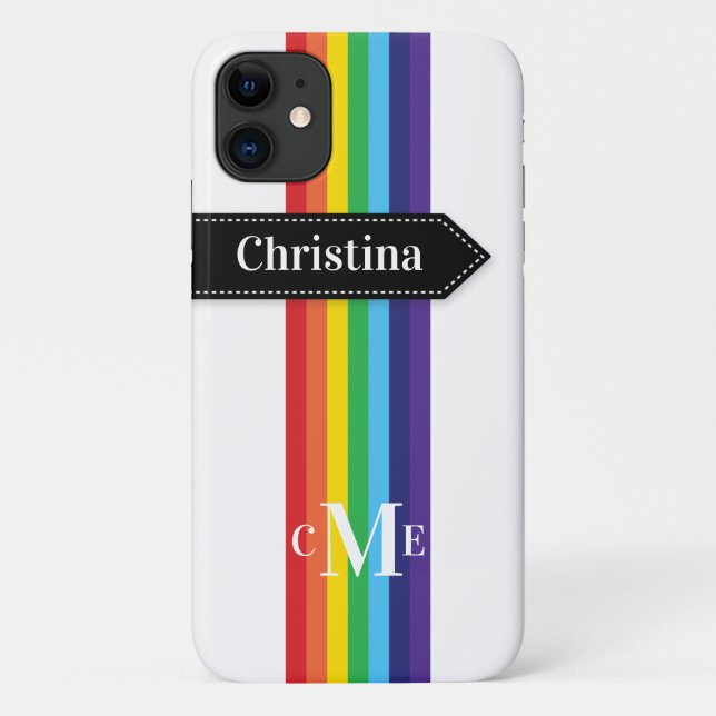 iPhone 11 Hülle | Regenbogen Streifen mit Monogram (Rückseite)