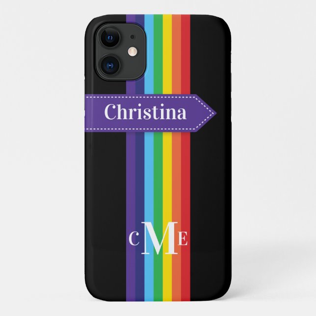 iPhone 11 Hülle | Regenbogen Streifen mit Monogram (Rückseite)