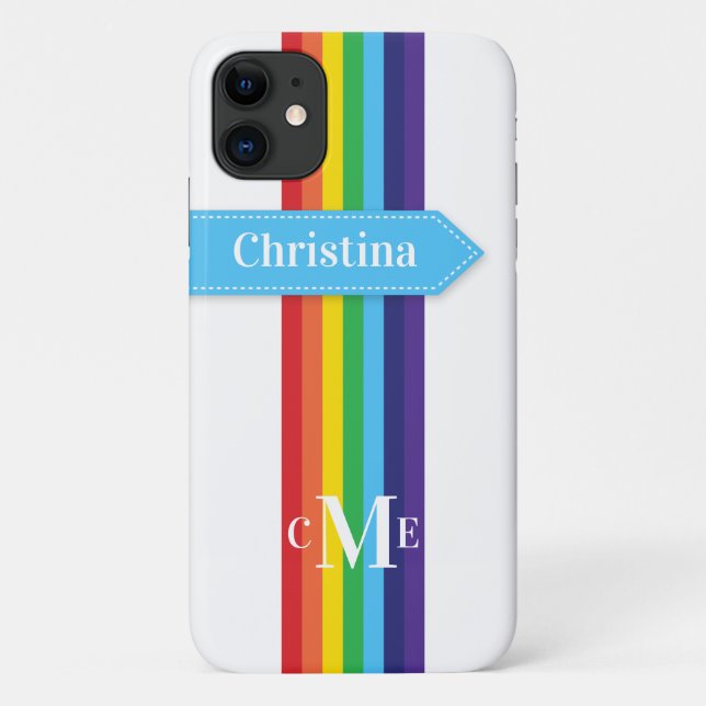 iPhone 11 Hülle | Regenbogen Streifen mit Monogram (Rückseite)