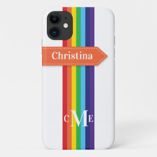 iPhone 11 Hülle   Regenbogen Streifen mit Monogram