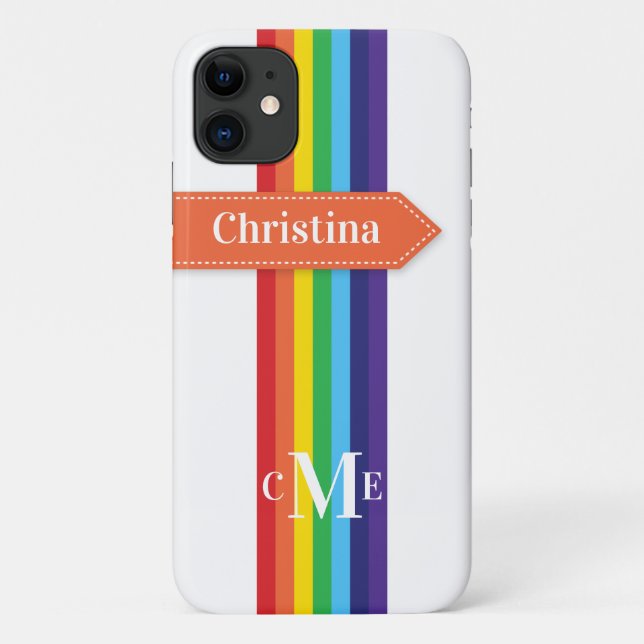 iPhone 11 Hülle | Regenbogen Streifen mit Monogram (Rückseite)
