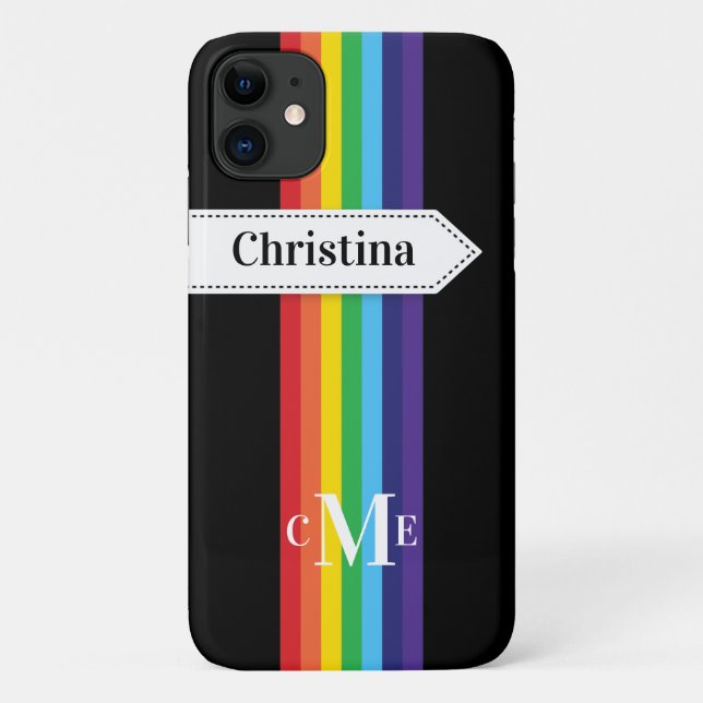 iPhone 11 Hülle | Regenbogen Streifen mit Monogram (Rückseite)