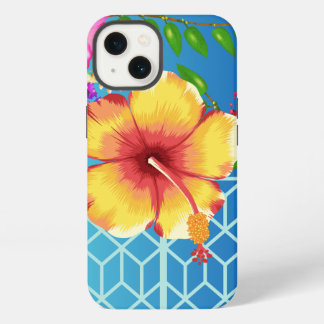 iPhone 13 Hülle, Blau Hintergrund Goldene Blume. Hülle