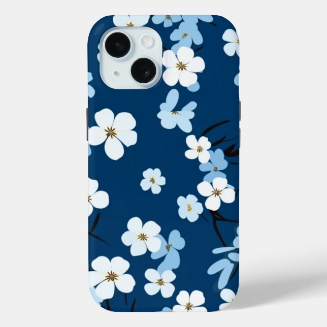 iPhone 15 Phone Case Blue & White Floral Design (Rückseite)