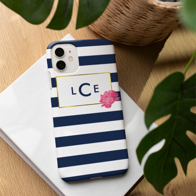 iPhone Case für Navy Stripe & Pink Peony Monogram (Von Creator hochgeladen)