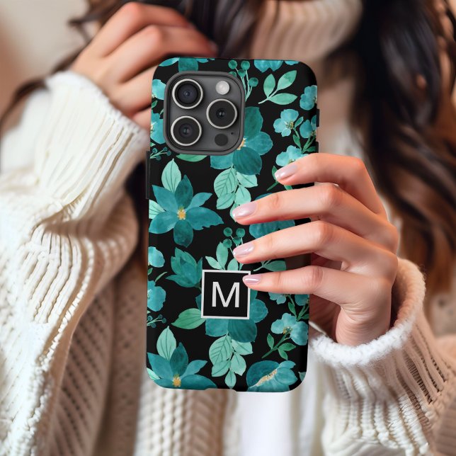 iPhone-Hülle mit blauem Monogramm-Blumenmuster iPhone 16 Hülle (Von Creator hochgeladen)