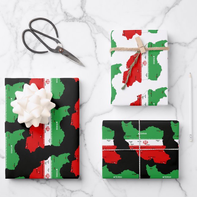 Iran Karte mit Flagge und Emblem Geschenkpapier Set (Vorderseite)