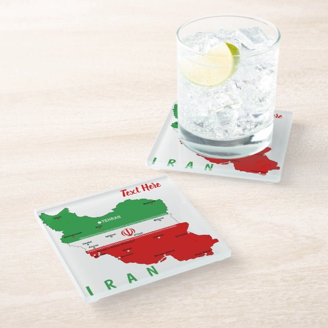 Iran Karte mit Flagge und Emblem Glasuntersetzer (Schrägansicht)