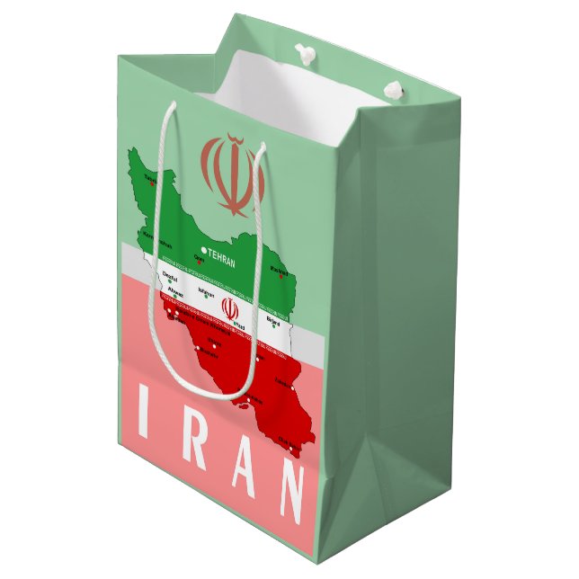 Iran Karte mit Flagge und Emblem Mittlere Geschenktüte (Vorderseite Schrägansicht)
