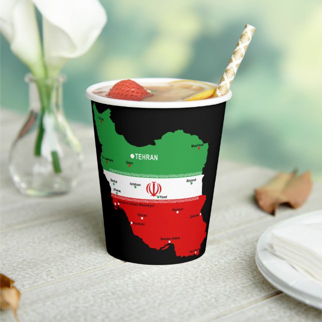 Iran Karte mit Flagge und Emblem Pappbecher (In Situ)