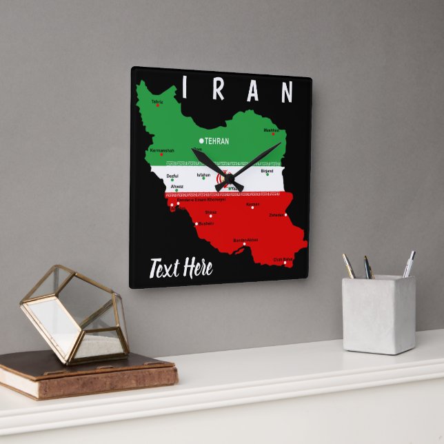 Iran Karte mit Flagge und Emblem Quadratische Wanduhr (Büro)