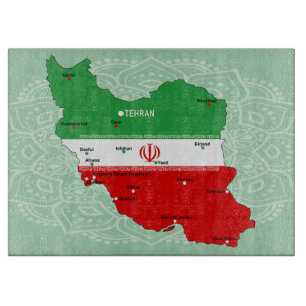 Iran Karte mit Flagge und Emblem Schneidebrett