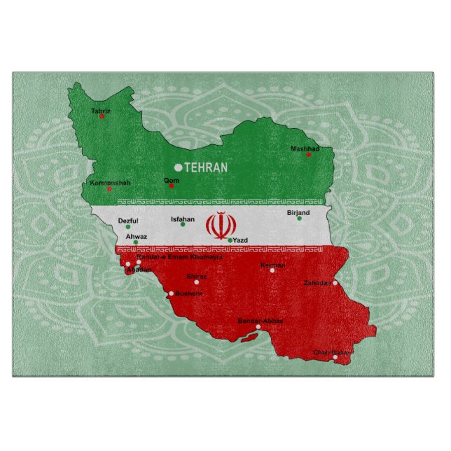 Iran Karte mit Flagge und Emblem Schneidebrett (Vorderseite)